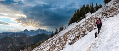 Almanya, Tegernsee yakınlarındaki Bavyera Alplerinde bahar başlarında yürüyüş
