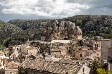 View of historic cavern basilica San Pietro in Monte Errone in Matera, Southern Italy