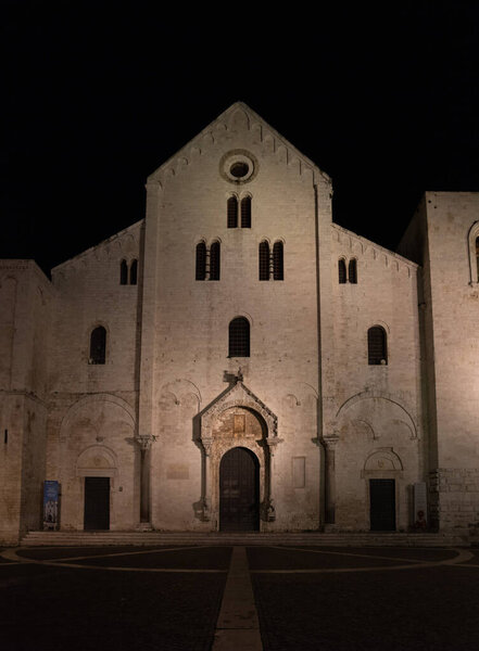 Illuminated romanesque basilica San Nicola in Bari, Southern Italy