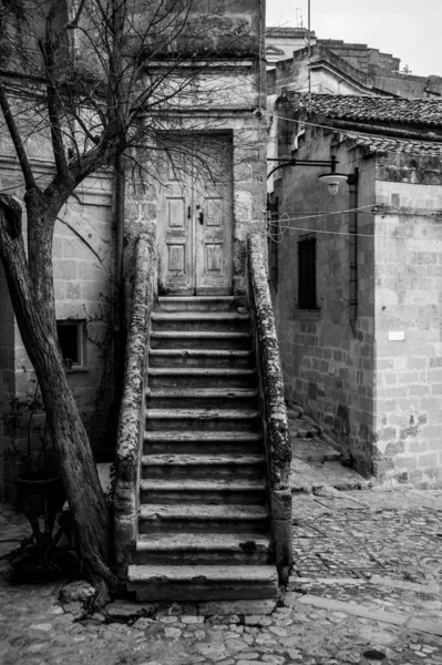 Abandoned Staircase Leading Closed Door Typical Italian Town Matera Italy — Stockfoto