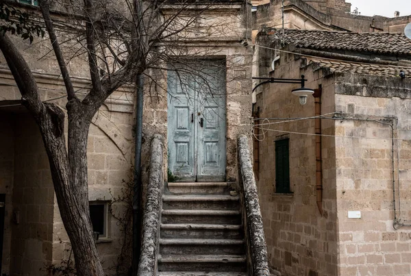 Abandoned Staircase Leading Closed Door Typical Italian Town Matera Italy — Foto Stock