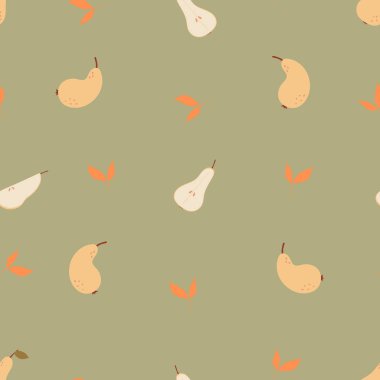 Kek, çay, yaprak ve armut ile dikişsiz sonbahar deseni.