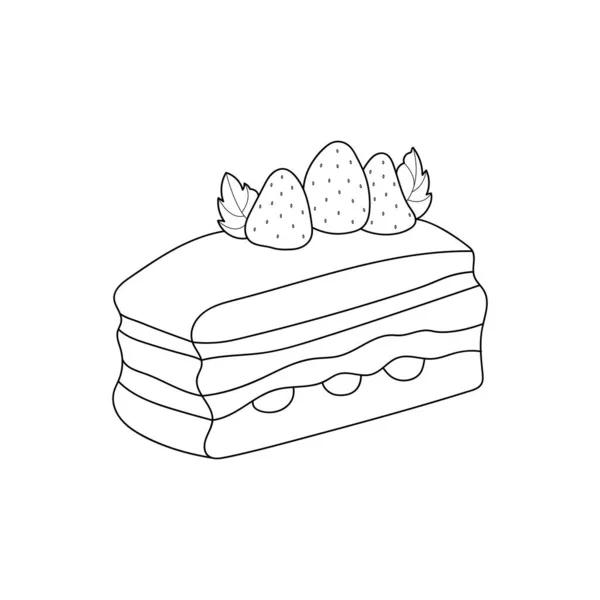 Kuchen Mit Erdbeeren Kuchenstück Linienkunst Skizze — Stockvektor