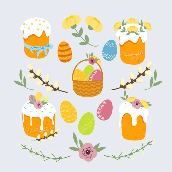 Paskalya bahar seti, Paskalya pastası, Paskalya yumurtası, yumurta sepeti, çiçekler, söğüt dalları. Vektör dekor ögeleri