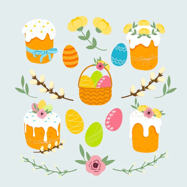 Osterfrühlingsset Osterkuchen Ostereier Korb Mit Eiern Blumen Weidenzweige Vektordekor Elemente Stockvektor