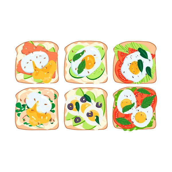 Set Toasts Sandwiches Egg Avocado Vegetables Salmon Mushrooms Balanced Healthy — Stock Vector
