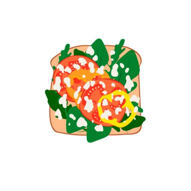 Biberli tost, domates, otlar, süzme peynir. Sağlıklı dengeli diyet. Sağlıklı kahvaltı ya da atıştırmalık. Keto diyeti.