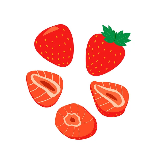 Uppsättning Jordgubbsbitar Sommarfrukter Grundämnen Livsmedelsingredienser — Stock vektor