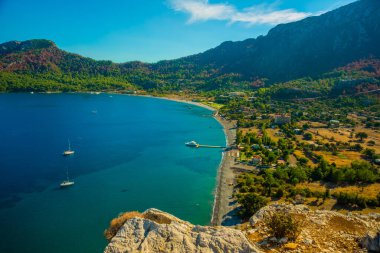 KUMLUBUK, MARIS, MUGLA, TURKEY: Amos antik kentinden Marmaris Kumlubuk plajının manzarası.