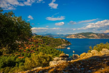 AMOS, MARMARIS, MUGLA, TURKEY: Antik Amos kentinden körfezin üst görünümü.