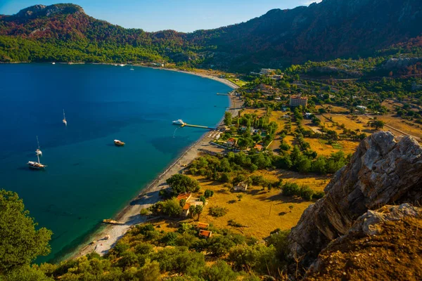 KUMLUBUK, MARIS, MUGLA, TURKEY: Amos antik kentinden Marmaris Kumlubuk plajının manzarası.