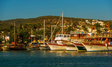 Bodrum 'da lüks yatlar, Bodrum' da marina, Bodrum 'da deniz turistleri. Mavi suları, otantik yatları ve yelkenli gemileri olan renkli bir deniz manzarası..