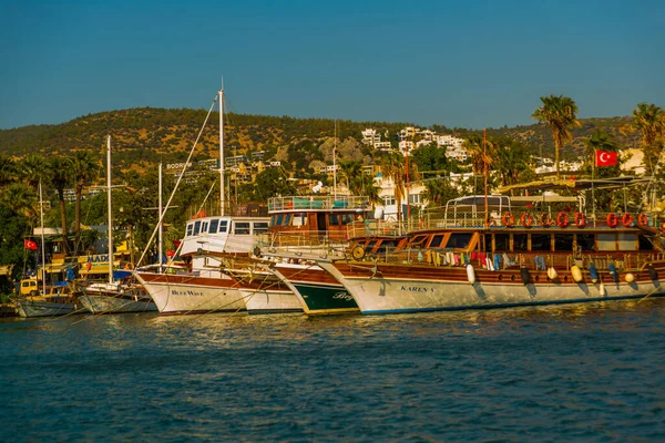 Bodrum 'da lüks yatlar, Bodrum' da marina, Bodrum 'da deniz turistleri. Mavi suları, otantik yatları ve yelkenli gemileri olan renkli bir deniz manzarası..