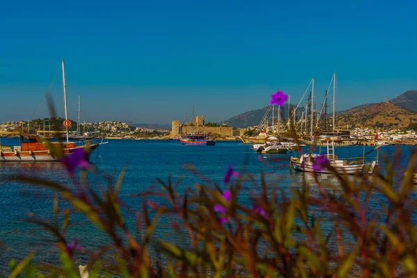 ボドルム トルコ 港と古代の要塞とボドルムの海岸の美しい景色 トルコのボドルムにあるエーゲ海の港でヨットや高級ヨットと海の景色 — ストック写真