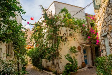 Marmaris, MUGLA, TURKEY: eski evler ile süslenmiş cadde Marmaris tarihi merkezi. Beyaz tuğlalı, yeşil bitkili ve çiçekli evlerin arasında merdivenleri olan dar sokaklar.