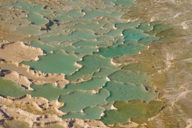 PAMUKALE, DENIZLI, TURKEY: Beyaz travertinlerde güzel karmaşık doğal desen. Türkiye 'nin en ünlü eğlencelerinden biri olan Pamukkale, bir Unesco Dünya Mirası sahası..