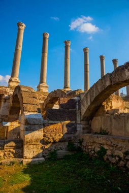 IZMIR, TURKEY: İzmir 'deki Agora' nın antik sütunlarına güneşli bir günde mavi gökyüzünün arka planına karşı bakmak