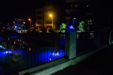 MARMARIS, MUGLA, TURKEY: Beautiful canal in the city center with blue illumination at night in Marmaris.