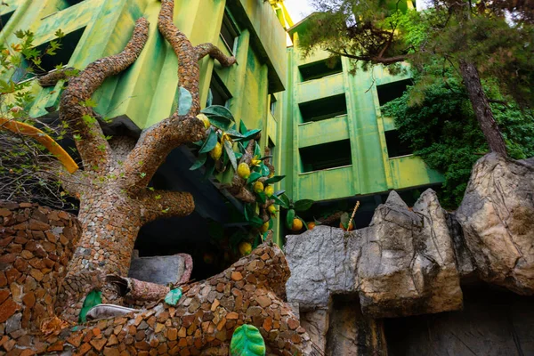 CAMYUVA, KEMER, TURKEY: Abandoned and destroyed old hotel Holiday Area Eco Dream Club Sea Resort in the village of Camyuva. The main building of a non-working hotel in the park.