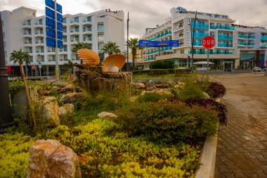 MARMARIS, MUGLA, TURKEY: The monument is a shell with a Pearl from which water pours on the stones on the street in Marmaris.