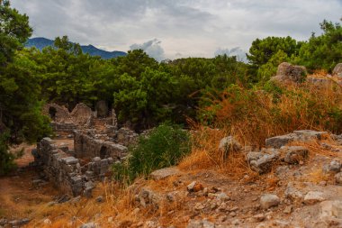 PHASELIS, TURKEY: View of the ruins of the ancient city of Phaselis on a cloudy day in Turkey, Antalya province, near Kemer.