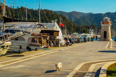 Güneşli bir günde Marmaris limanında deniz feneri ve yelkenli tekneleri.
