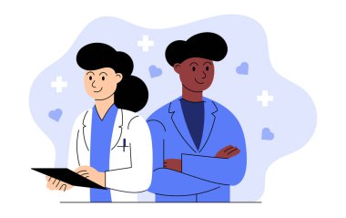 Doktorlar, beyaz ve mavi paltolu insanlar. İlaç, tedavi. Resimler beyaz arkaplanda izole edildi. 