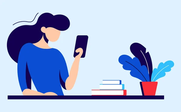 Illustratie Met Mensen Vrouw Met Smartphone Werknemers Apparaten Techniek Communicatie — Stockvector