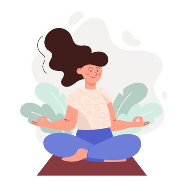 Kadın, lotus pozisyonundaki kız, meditasyon. Düz stil, çizgi film. Beyaz arkaplanda izole. 
