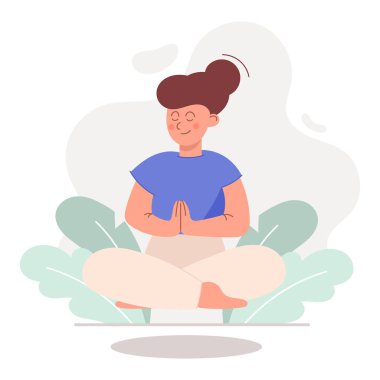 Kadın, lotus pozisyonundaki kız, meditasyon. Düz stil, çizgi film. Beyaz arkaplanda izole. 