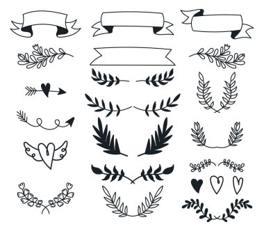 Karalama çerçeveleri, kurdeleler ve kalpler, sebze unsurları, yapraklı dallar. Siyah siluetler, dış hatlar, dış hatlar. Beyaz arkaplanda izole. 