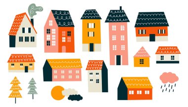 Bir dizi İskandinav renkli ev, karalama, düz. Binaların resimleri, çocuk çizimleri. Çocuklar için. Beyaz arkaplanda izole. 