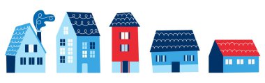 Bir set İskandinav mavisi ve kırmızı evler, karalama, düz. Binaların resimleri, çocuk çizimleri. Çocuklar için. Beyaz arkaplanda izole.