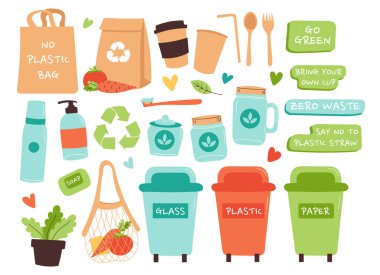 Plastiksiz ürünler düz çizimler. Yeniden kullanılabilir ve geri dönüşümlü çevre dostu öğeler izole edilmiş. Sıfır atık Torba, Konteynır, Şişe ve Diğerleri