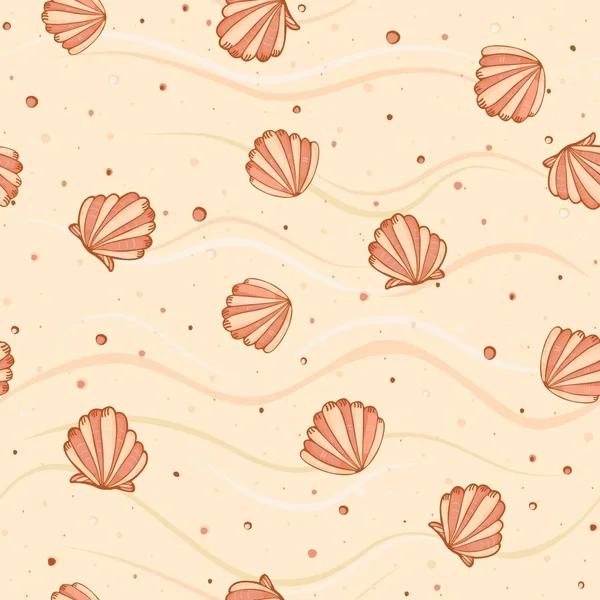 ビーチの砂の上にあるかわいいホタテ貝は シームレスなパターンです 春や夏の生地のための素晴らしい スクラップ予約 ギフトラップ 製品デザイン 表面設計 ベクトル — ストックベクタ