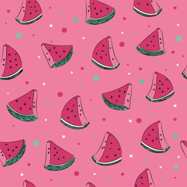 Şirin, çizilmiş kawaii karpuz dikişsiz desenli noktalı arka plan. Bahar ya da Yaz kumaşı, hatıra defteri, hediye paketi, duvar kağıdı, ürün tasarımı için harika. Vektör