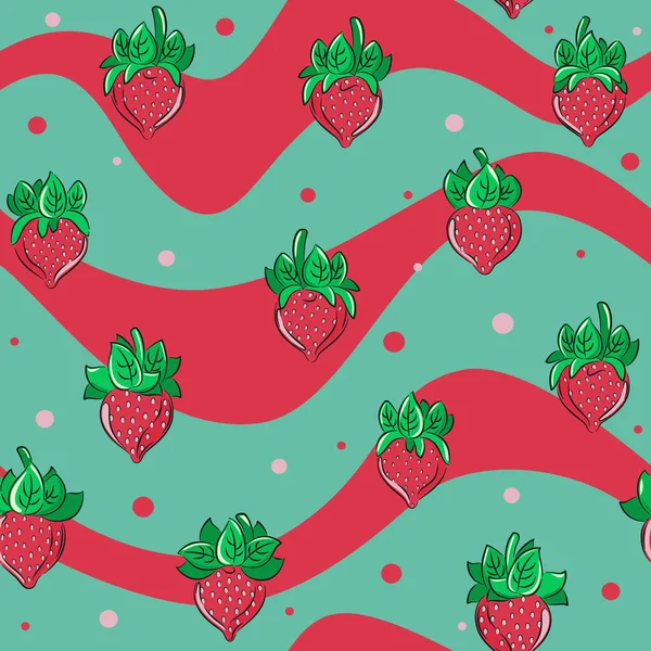 画的卡瓦草莓无缝图案与波浪形背景 适用于春夏面料 废品预订 礼品包装 产品设计 — 图库矢量图片