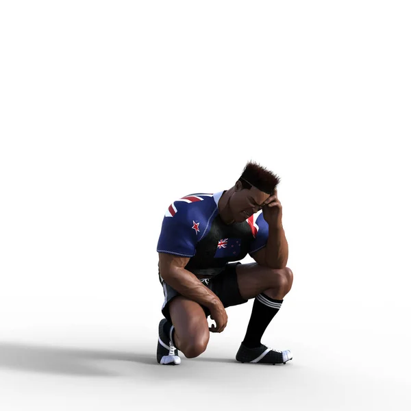 橄榄球运动员绝望地垂头丧气 因为他没能进球 并且输掉了冠军赛 风格化橄榄球角色 超级英雄的3D说明 免版税图库图片