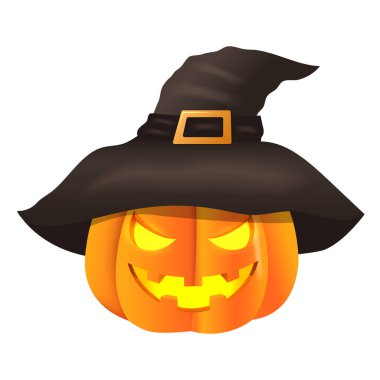  Şapkalı bir balkabağı. Kahverengi cadı şapkalı bir fener. Beyaz arkaplanda izole edilmiş gerçekçi vektör illüstrasyonu.