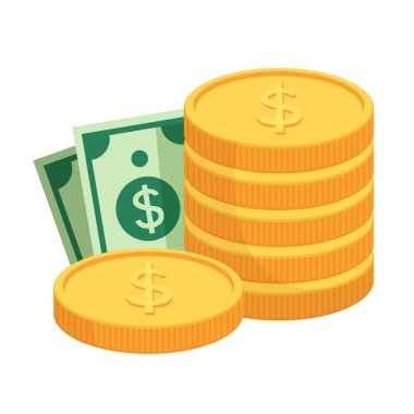 Bir yığın bozuk para ve kağıt para. Para için. Vektör illüstrasyonu beyaz arkaplanda izole edildi.