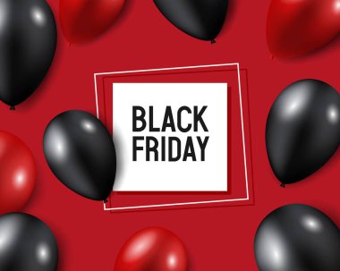 Kara Cuma. Kırmızı ve siyah balonlu pankart. Kara Cuma için reklam afişleri için arka plan.