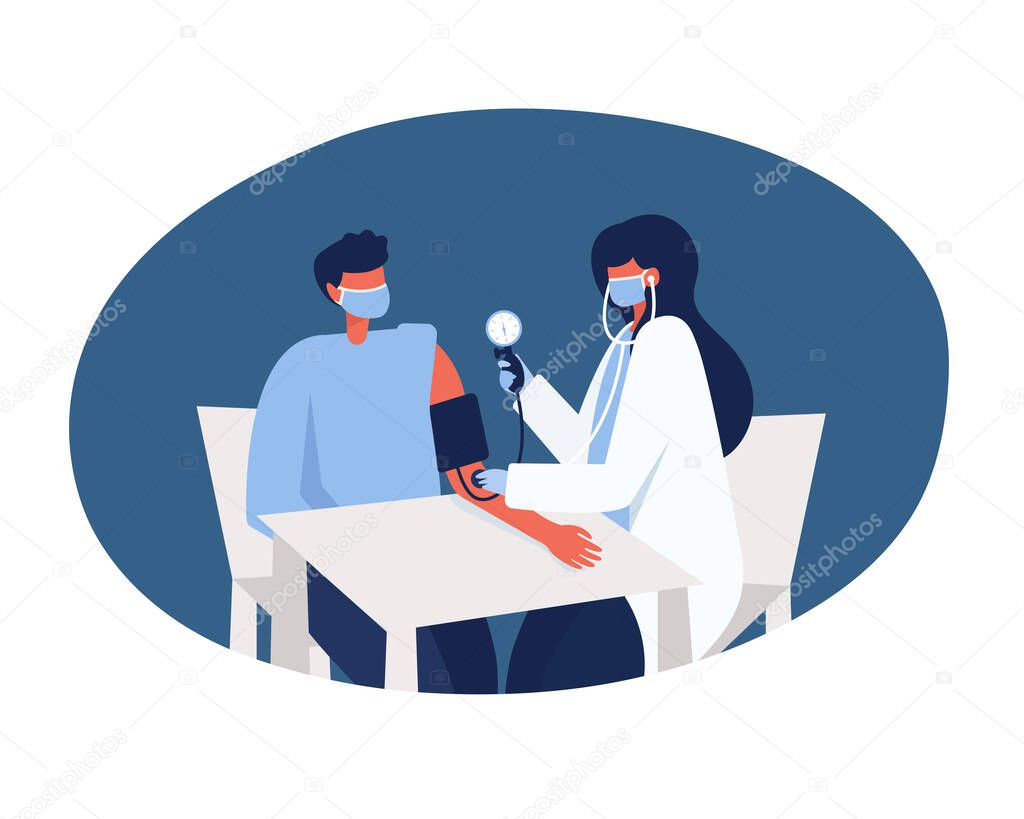  A female doctor measures the blood pressure of a male patient. Vector flat illustration.