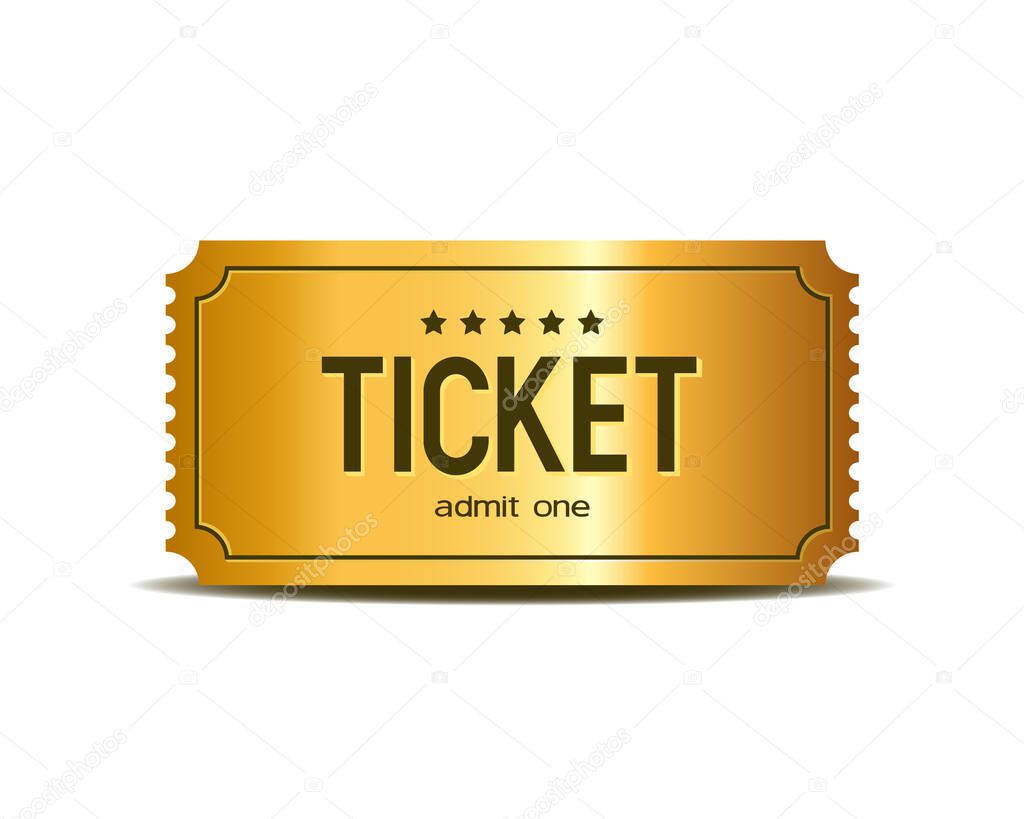  3d golden tickets. Three-dimensional golden ticket with stars and the inscription 