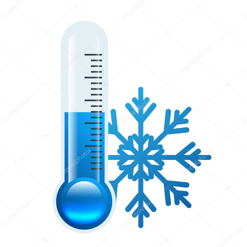 Blue thermometer with a snowflake. Winter concept showing low temperatures. Below zero. Vector illustration isolated on white background.