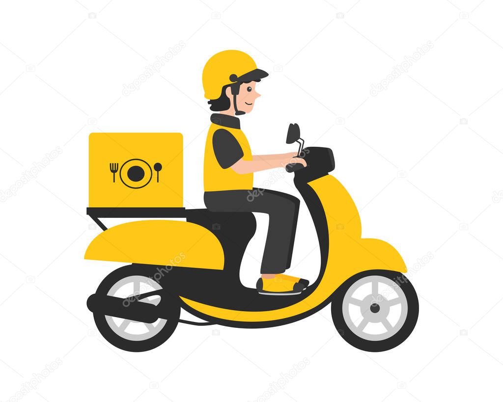 Food delivery man. The delivery man rides a yellow scooter. Vector flat illustration isolated on white background.