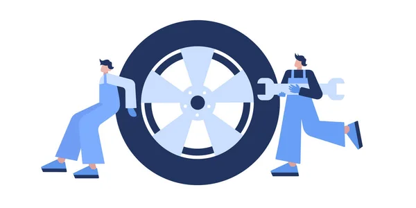 Tire Service Concept Two Mechanics Wheel Vector Flat Illustration — Stock Vector