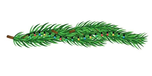 モミの枝やライトの新年とクリスマスの境界 クリスマスツリーの枝にライトがついています 白い背景に独立したベクトル3Dイラスト — ストックベクタ