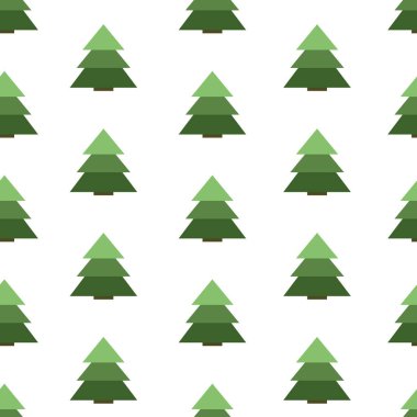 Noel ağacı desensiz. Beyaz arka planda yeşil çizgi film köknarı. Vektör çizgi deseni.