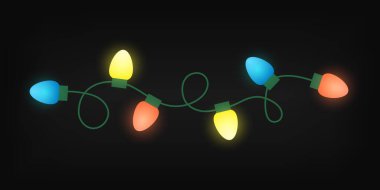 Öncü ampullerin sınırı. LED Noel İp Işıkları. Çizgi film Garland vektör çizimi siyah arkaplan üzerinde izole.