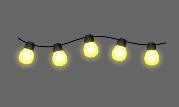 Light Bulbs Christmas String Lights Garland Vector Illustration Isolated Black — Vettoriale Stock